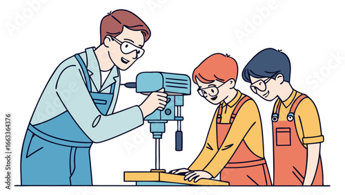 Instructor and Students Using Drill Press in Workshop Illustration.
