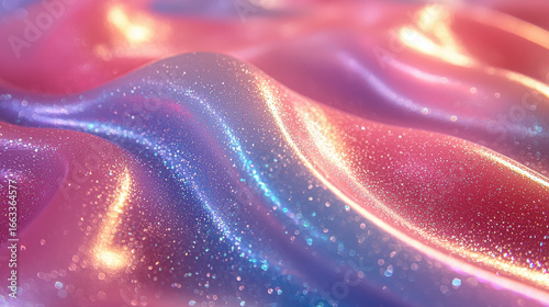 A vibrant, nostalgic backdrop, reminiscent of the early 2000s, featuring an iridescent liquid texture that shifts and glitters, reminiscent of a digital dream 