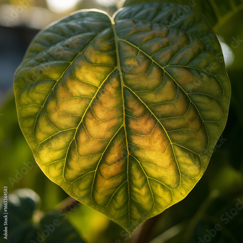 Close-up Macro Photography of a Single Illuminated Green Leaf 