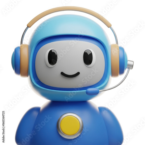 Friendly blue robot with headphones and microphone isolated on transparent background