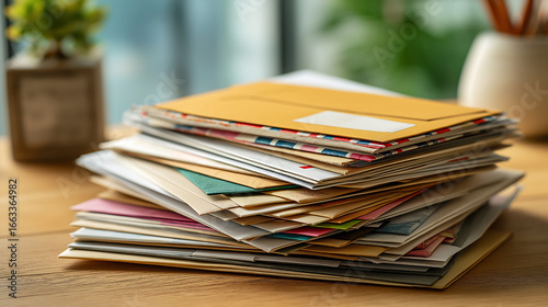 A stack of junk mail on the table at office. Important letters from junk mail, Correspondence, Organization concept