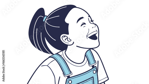 Joyful Girl Laughing with Ponytail and Overalls.