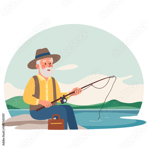 Elderly man fishing at lake. Senior enjoying quiet fishing time. Old man with fishing rod by water. Peaceful lakeside hobby for retirees. Elderly set