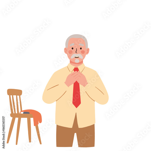 Elderly man tying necktie. Senior dressing up for occasion. Elegant old man adjusting clothes. Gentleman's daily routine in age. Elderly set