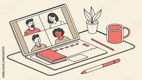 Laptop Screen Showing a Video Conference with Four Participants.