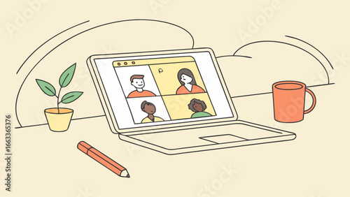 Laptop Displaying Video Conference with Diverse Participants.