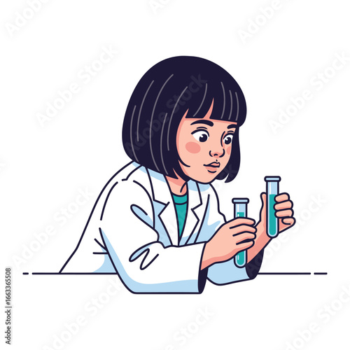 Young Scientist's Discovery: An inquisitive young girl, dressed in a lab coat, intensely examines two test tubes filled with a mysterious, glowing substance.