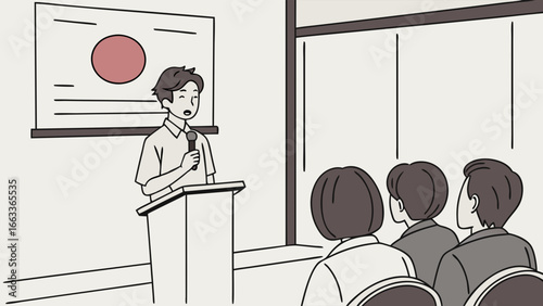 Man Giving Presentation with Audience in Meeting Room Illustration.
