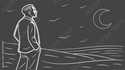 Man in Suit Contemplating Moonlit Landscape.