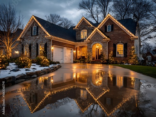Beautiful photograph of a modern brick home at dusk, elegantly decorated with warm, glowing Christmas lights along the roofline, shimmering on the wet driveway after a gentle rain.