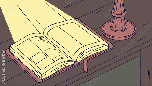 Open Book Illuminated by Light on Wooden Table.