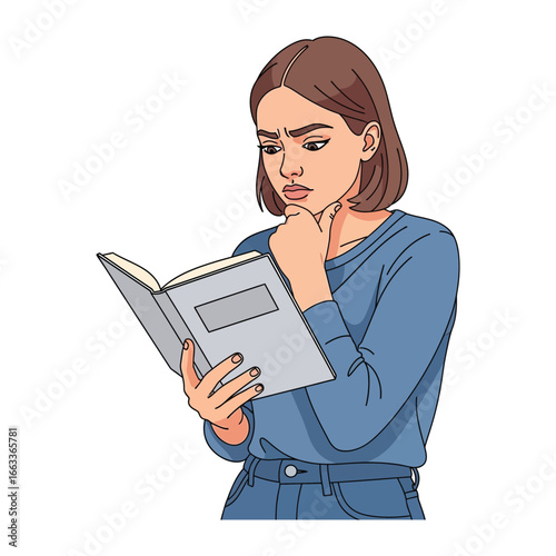 Girl with book in the doubt: A young lady engrossed in a book, a furrowed brow and thoughtful expression betraying deep contemplation of the text. Capture the emotional connection with literature 