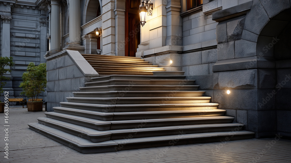 Obraz premium Elegant steps leading to a city hall entrance illuminated by soft light