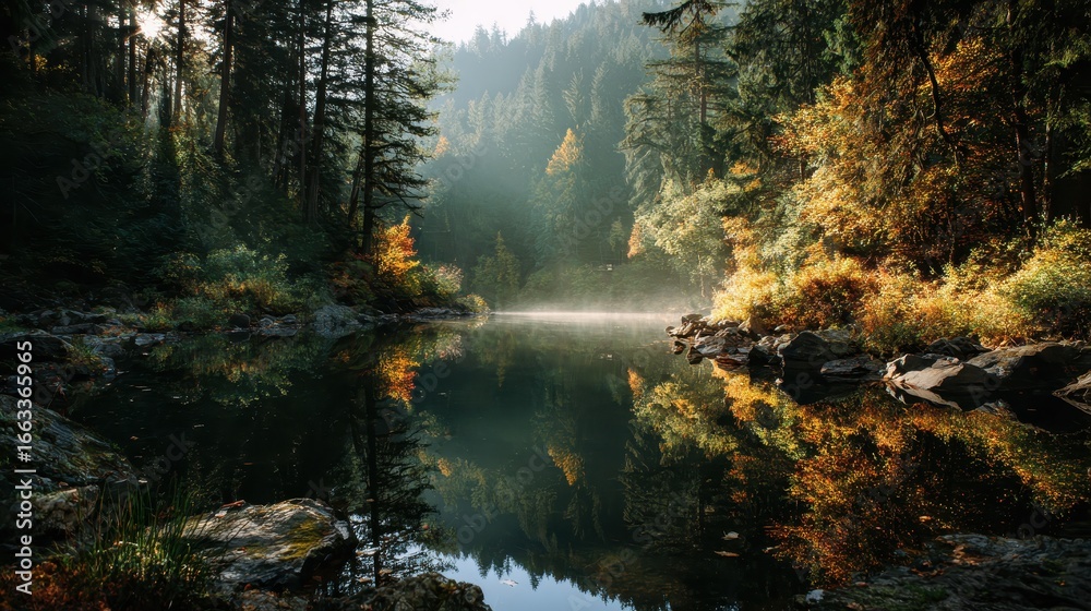 Fototapeta premium Tranquil autumn morning at a forest lake with mist rising and colorful foliage