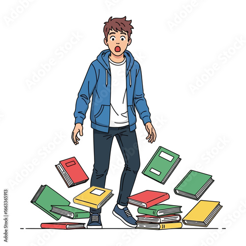 Oops! Moment: A surprised young male stands in disbelief amidst a cascade of scattered books, capturing the unexpected nature of a challenging situation.