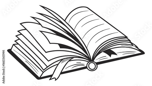 Open Book with Decorative Ribbon Bookmark Illustration.
