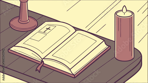 Open Book with Lit Candle and Candlestick on Table.