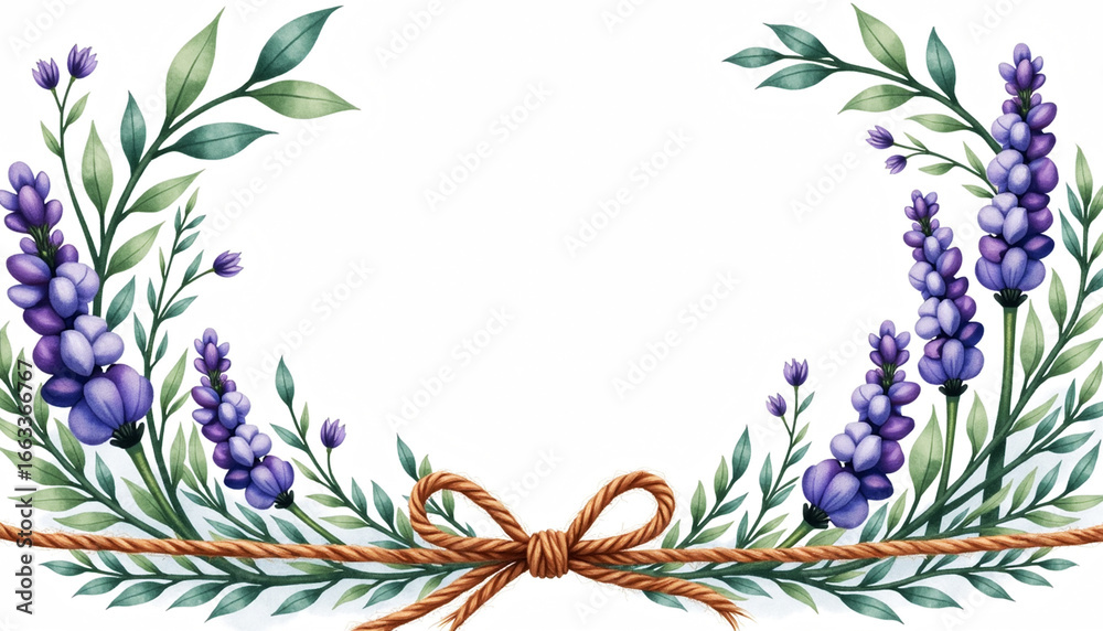 Fototapeta premium Watercolor lavender border with herbs and rustic twine, wedding and organic theme