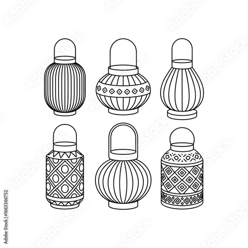 Six vintage perfume bottles decorative ornate designs traditional glass containers isolated white background