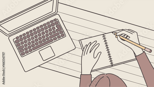 Person Working at Desk with Laptop and Notebook Illustration.