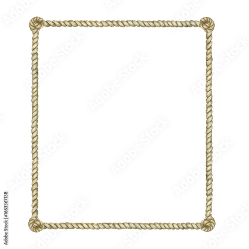 Rectangular frame made of beige sea rope with knots. Watercolor illustration.