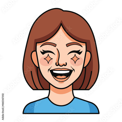 Radiant Smile: A cheerful illustrated portrait of a woman with twinkling eyes and a joyful expression, capturing the essence of happiness.