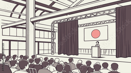 Presentation in Japan Speaker on Stage with Audience and Japanese Flag.