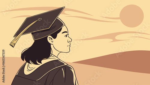 Profile of a Graduating Woman in Cap and Gown.