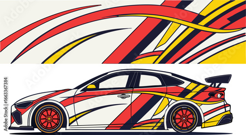Sport Car Wrap Design  Abstract Racing Stripes in Red, Yellow, and Black Vector Illustration