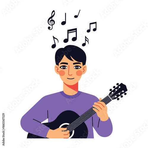 Harmony in Melodies: A cheerful individual strums a guitar, notes dance above his head, symbolizing the joy of music and creative expression.