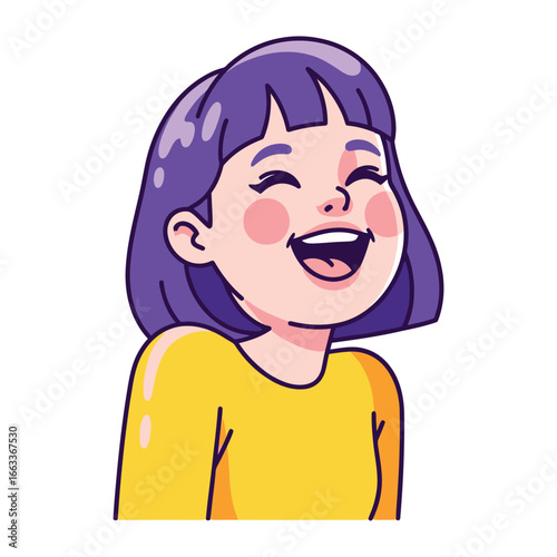 Pure Delight: A vibrant cartoon illustration captures a joyful young woman, showcasing uninhibited laughter, radiating warmth and positivity. 
