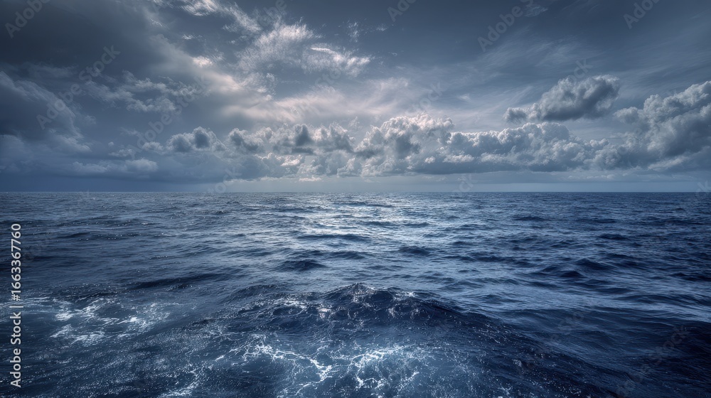 Calm ocean under a cloudy sky at dawn with gentle waves and reflections Calm ocean under a cloudy sky at dawn with gentle waves and reflections