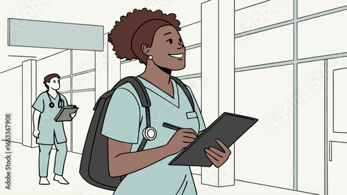 Smiling Nurse with Clipboard in Hospital Hallway Illustration.