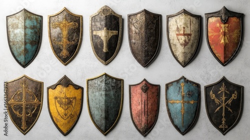 several antique shield models from ancient kingdoms