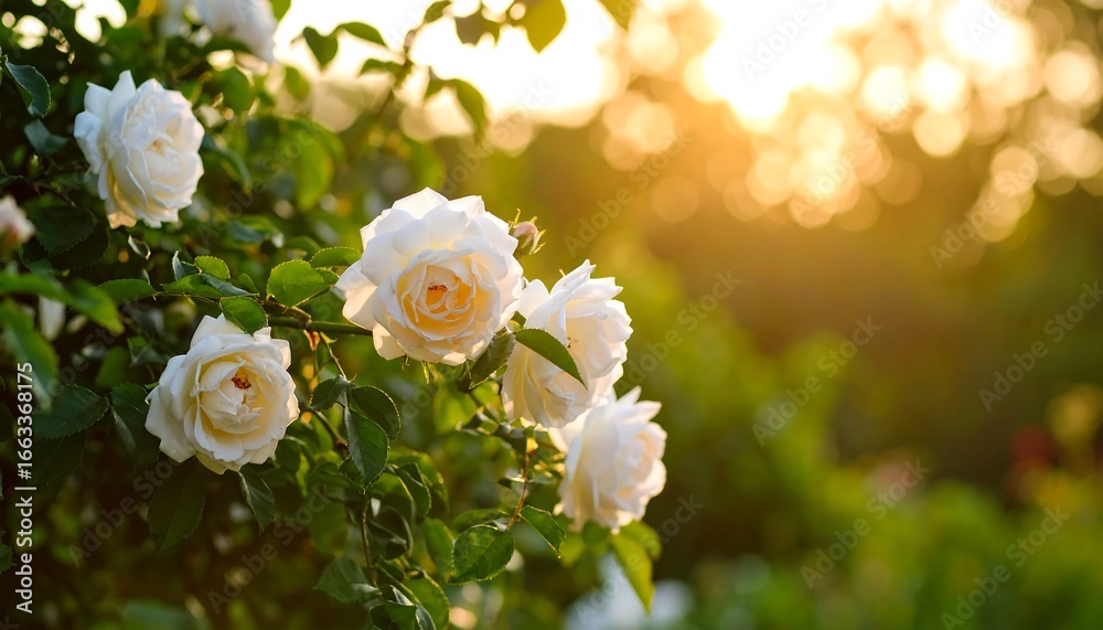 Fototapeta premium Blossoming white roses at sunset