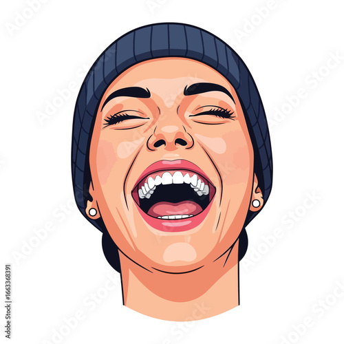 Joyful Expression: A radiant illustration captures the essence of pure glee, a portrait of a young individual in a knitted beanie, eyes crinkled in delight as a wide.
