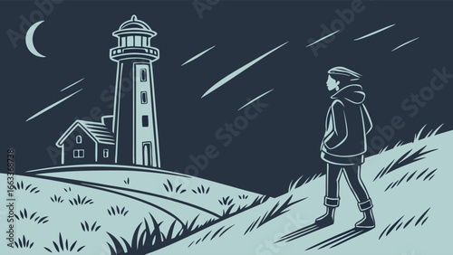 Solitary Figure Gazing at a Lighthouse Under a Crescent Moon at Night.