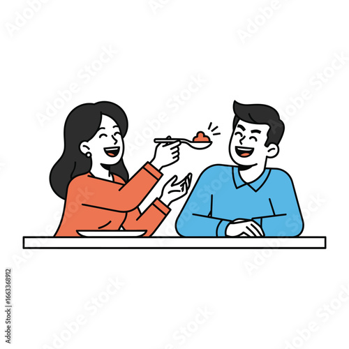Joyful Dining Duo: Capturing the delightful scene of a woman feeding a man, an illustration that radiates warmth and the sweet moments of shared meals. 