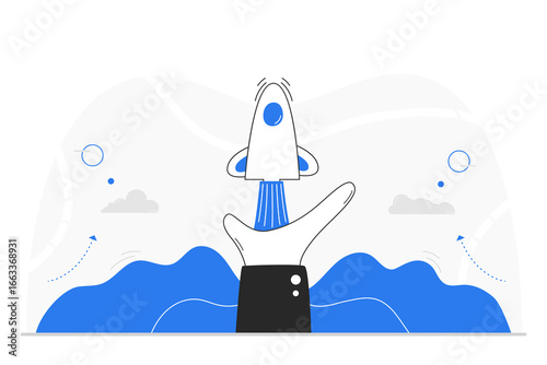A hand launches a rocket. This graphic symbolizes a journey to success, representing business growth and development, and bold ambition. Startup vector illustration.