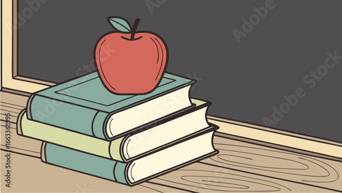 Stacked Books with Red Apple and Leaf.