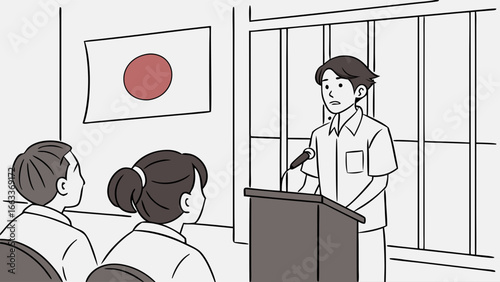 Student Giving Presentation in Front of Japanese Flag.