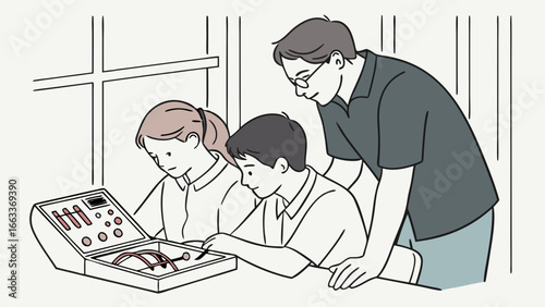 Students Learning with Teacher at Educational Device.