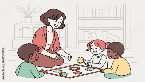 Teacher and Children Playing Puzzle Together on the Floor.