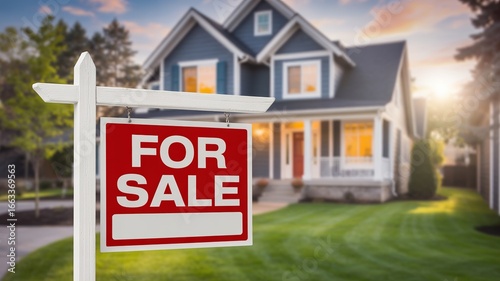 A classic blue suburban house with a red and white for sale sign in the front yard, bathed in the warm glow of sunset, symbolizing opportunity and new beginnings in real estate