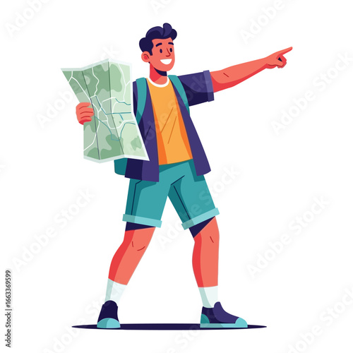 Exploring a New Horizon: An illustrated image of a traveler holding a map, with a friendly gesture pointing toward a future adventure. This scene represents exploration, direction.