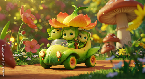 Enchanting floral sprites embark on a whimsical adventure in their verdant vehicle amidst a radiant garden teeming with vivid blossoms and mystical mushrooms, crafting a captivating and surreal