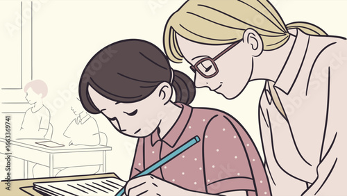 Teacher Guiding Student in Classroom Setting.