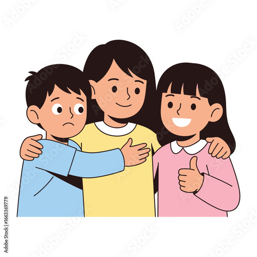 Supportive Friendship: A warm and empathetic embrace between three friends, expressing comforting feelings and a visual depiction of the act of solace
