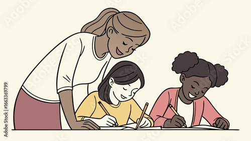 Teacher Guiding Two Diverse Students in Focused Study.