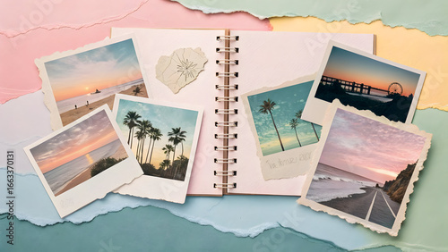 Fototapeta Naklejka Na Ścianę i Meble -  Open scrapbook with torn pastel paper and vintage travel photos of beaches and palm trees